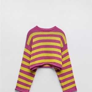 Zara Cropped Knit Striped Sweater Pink and Yellow